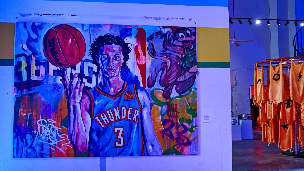 The hype is real. Scott Marsh's artwork of Josh Giddey at the pop up NBA gallery in Sydney, open until August 31.