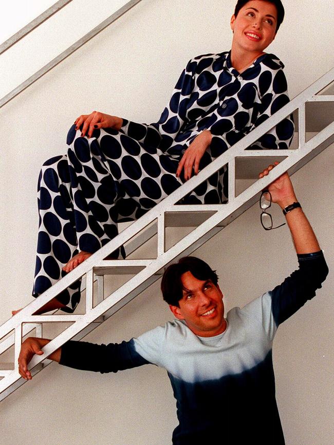 Designer Peter Alexander with a model wearing a pair of his pyjamas in 1998.