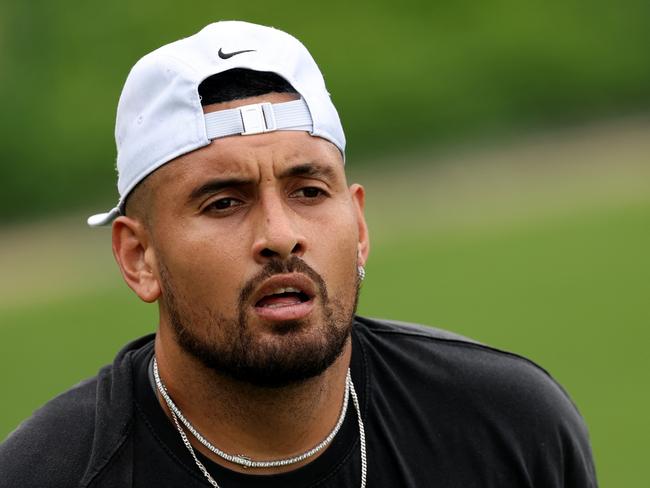 File Photo: Australian Tennis Player Nick Kyrgios Withdraws From Wimbledon With Wrist Injury - LONDON, ENGLAND - JUNE 28: Nick Kyrgios of Australia looks on during a practice session ahead of The Championships - Wimbledon 2023 at All England Lawn Tennis and Croquet Club on June 28, 2023 in London, England. (Photo by Clive Brunskill/Getty Images)