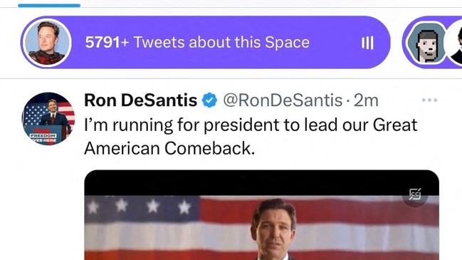 A screen grab obtained on the Twitter account of Ron DeSantis showing the Florida Governor announcing his 2024 presidential campaign. Picture: AFP