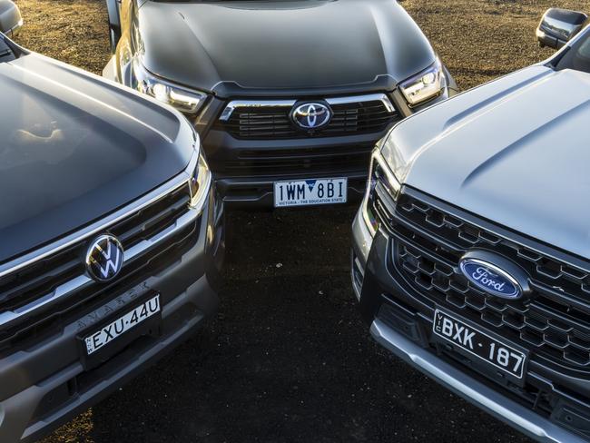 Volkswagen Amarok Pan Americana, Ford Ranger Wildtrak, Toyota HiLux Togue. Picture: Mark Bean