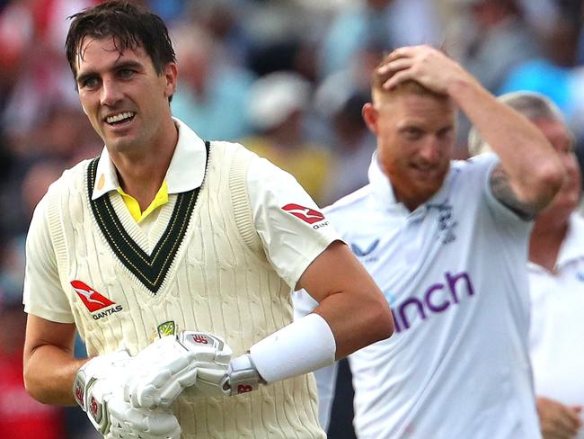 Australia captain Pat Cummins and counterpart Ben Stokes at the end of a thrilling first Test. Picture: Geoff Caddick/AFP