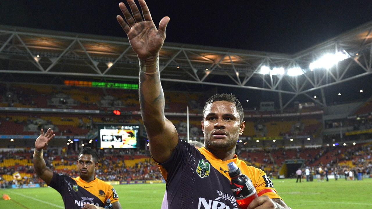 Josh Hoffman and Ben Barba wave to fans in 2014. Picture: Bradley Kanaris/Getty Images.