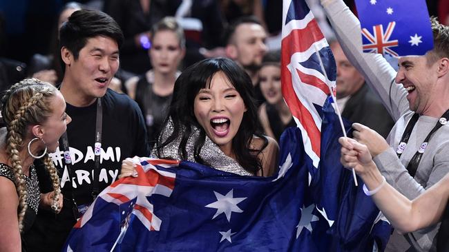 Dami Im celebrates advancing to the final in 2016. Picture: AP Photo/Martin Meissner