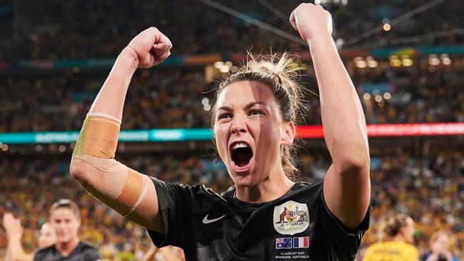 Mackenzie Arnold of Australia reacts after victory in the FIFA Women's World Cup quarter final win over France in Brisbane Stadium on SAturday. Picture: Instagram