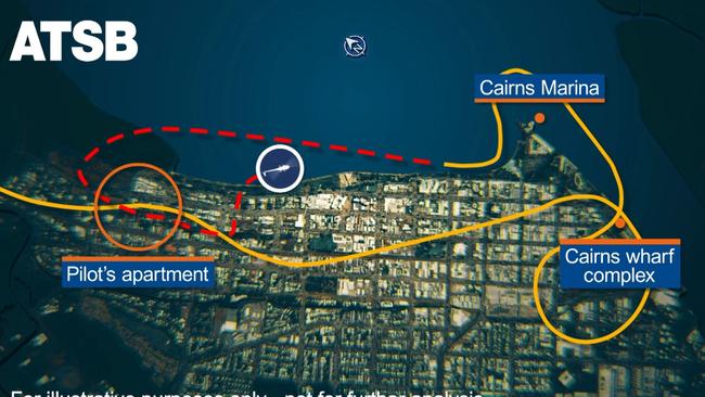 The flight path of the Nautilus Aviation helicopter flown by company ground handler Blake Wilson, before it crashed into a Cairns hotel, killing the 23-year-old pilot. Picture: Australian Transport Safety Bureau (ATSB).