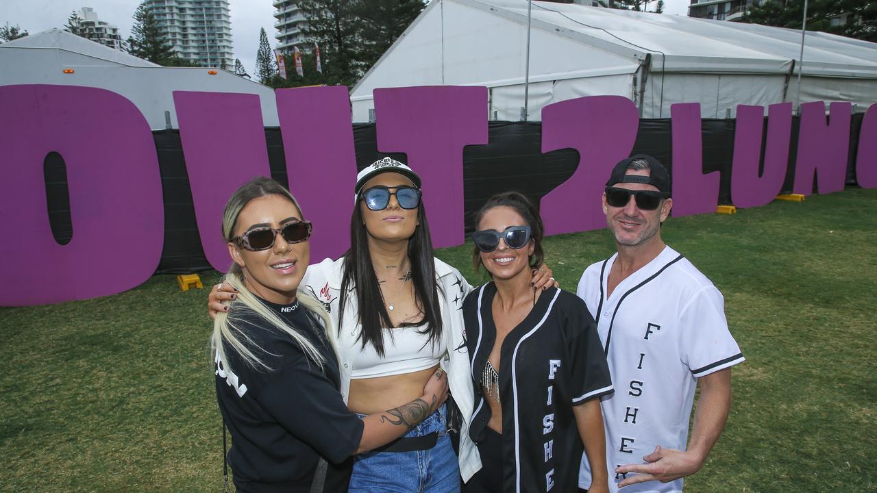 Chelsea, Tee, Sharri ,and Mav at the Out 2 Lunch festival on the Coolangatta beachfront. Picture: Glenn Campbell