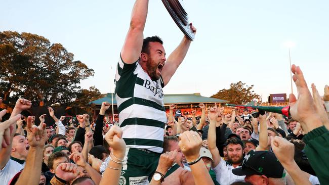 Warringah’s Sam Ward celebrates winning the 2017 Shute Shield at North Sydney Oval.