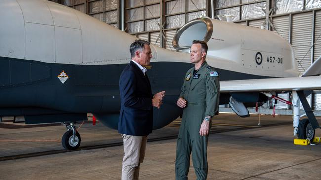 Defence Minister Richard Marles and Chief of Airforce, Air Marshall Stephen Chappell, at the unveiling of the first MQ 4C Triton at RAAF Base Tindal. Picture: Pema Tamang Pakhrin