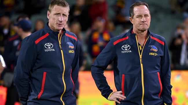 Brett Burton and coach Don Pyke after the Collingwood loss. Picture: Mark Brake/Getty Images