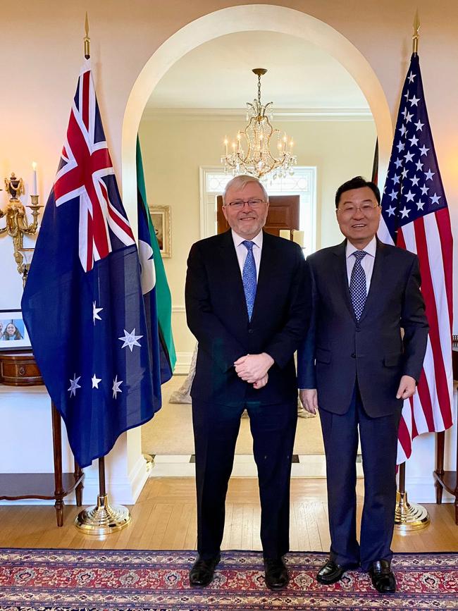 Ambassador of Australia to the United States, Hon Kevin Rudd, at his residence in Washington DC with China's Ambassador to the US, Xie Feng. Source - Twitter