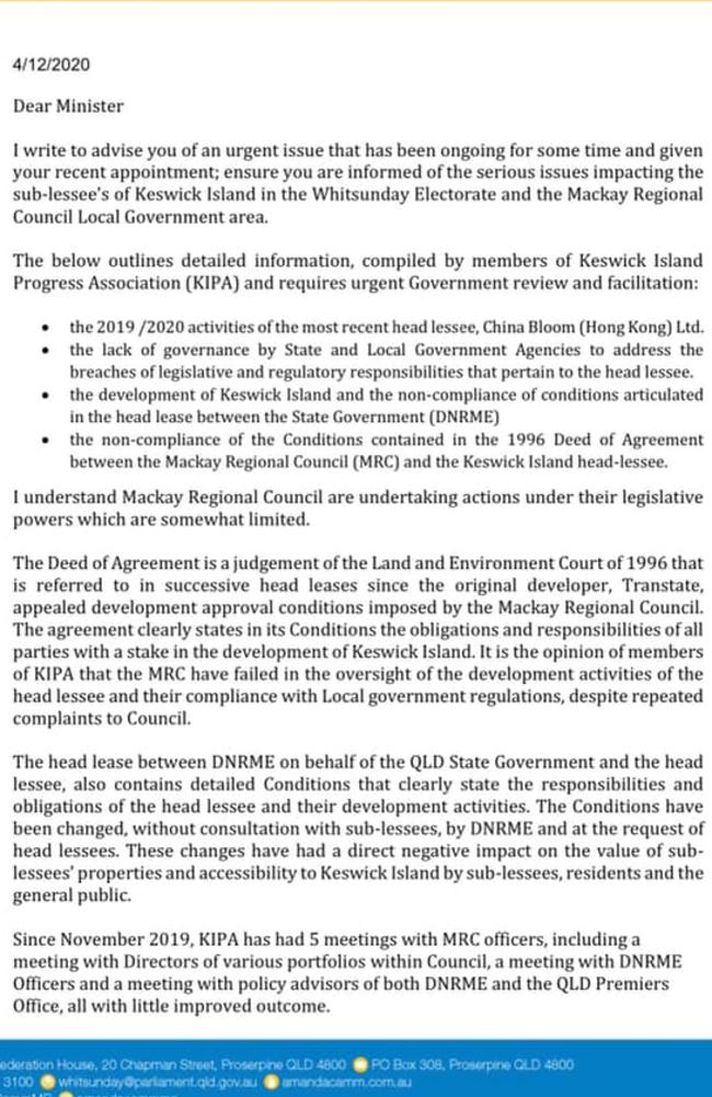 Whitsunday MP Amanda Camm's open letter to Minister for Natural Resources Mines and Energy Dr Anthony Lynham regarding Keswick Island. Picture: Facebook