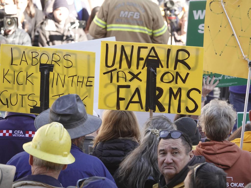 Farmers held signs condemning the controversial levy. Picture: NewsWire / Valeriu Campan