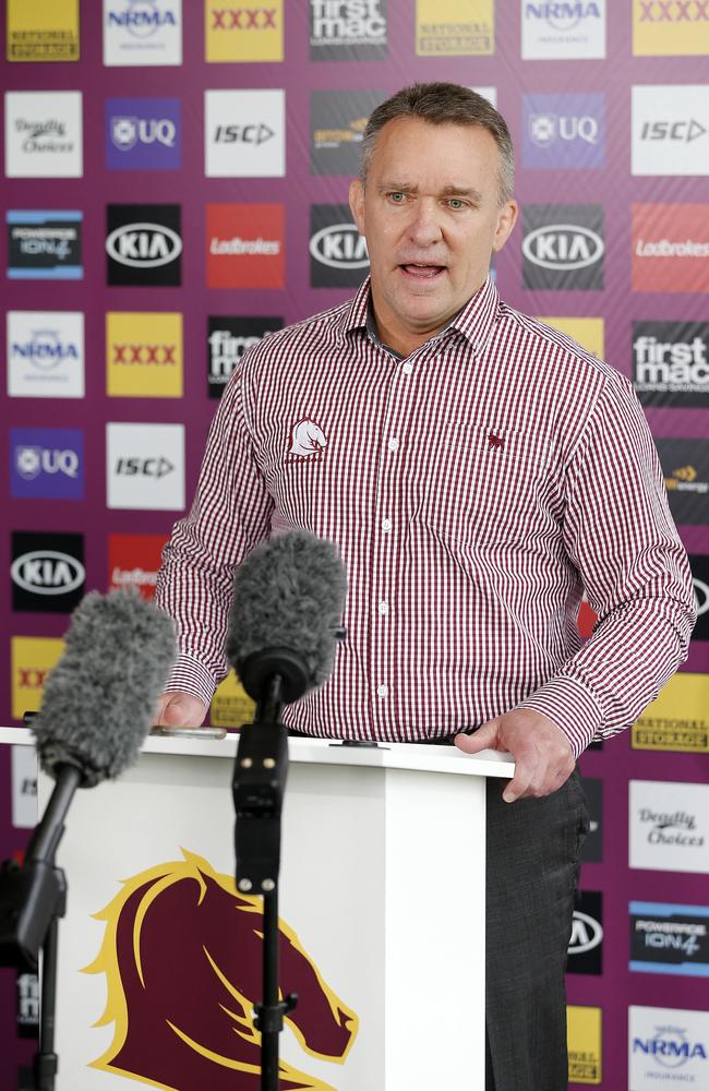 Broncos CEO Paul White speaks to the media today. Picture: AAP Image/Josh Woning