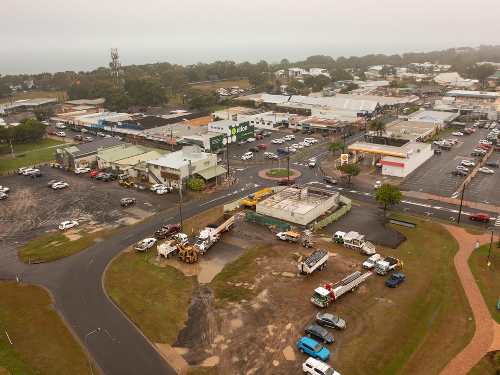 A vacant building on the corner of Main Street and Torquay Road in Pialba is being demolished ahead of the installation of underground power and the construction of the new Hervey Bay Library and Fraser Coast Regional Council Administration Centre.