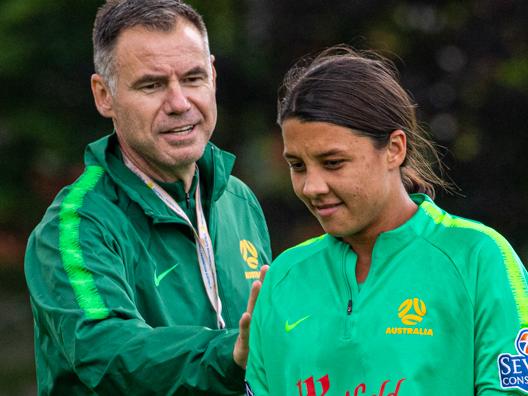 06/06/2019: The Matildas; Australian Womens Soccer team in training in  yesterday in Valenciennes ahead of their 2019 World Cup campaign. Coach  Ante Milicic with Sam Kerr. PIC: FFA