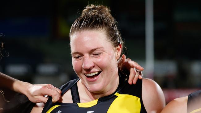 MELBOURNE, AUSTRALIA - SEPTEMBER 19: Richmond debutant Tamara Luke celebrates during the 2024 AFLW Round 04 match between the Richmond Tigers and the Carlton Blues at IKON Park on September 19, 2024 in Melbourne, Australia. (Photo by Dylan Burns/AFL Photos via Getty Images)