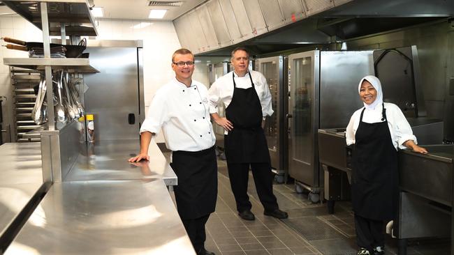 Cairns Convention Centre’s executive chef Ben Boudaud, sous chef Peter Hennebry and senior pastry chef Hana Wilson in the center’s newly fitted out kitchen. Picture: Stewart McLean