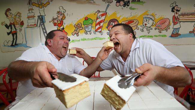 Pastry cooks Michael Valenti and Adrian Caporetto with their winning vanilla slice. Picture: Alex Coppel.