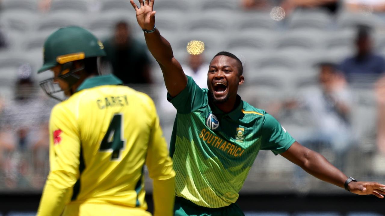 Andile Phehlukwayo of South Africa appeals against Chris Lynn of Australia during the first One-Day International in Perth.