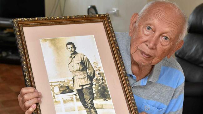 Keith Shang from Maryborough with a portrait of his father Sidney from WW1. Picture: Alistair Brightman