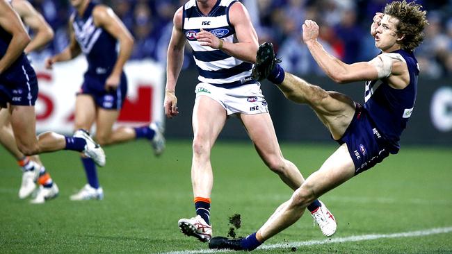 Nat Fyfe was one of the best afield in the nailbiting loss against Geelong. Picture: Wayne Ludbey