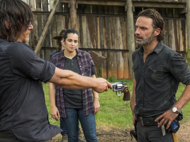 Norman Reedus as Daryl Dixon, Alanna Masterson as Tara Chambler, Chandler Riggs as Carl Grimes, Andrew Lincoln as Rick GrimesÂ - The Walking Dead _ Season 7, Episode 8 - Photo Credit: Gene Page/AMC