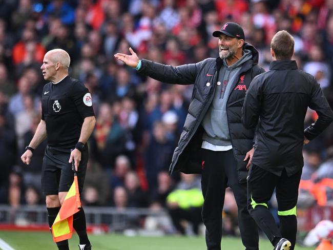 Liverpool manager Jurgen Klopp remonstrates with officials on the weekend. Picture: Andrew Powell/Liverpool FC via Getty Images