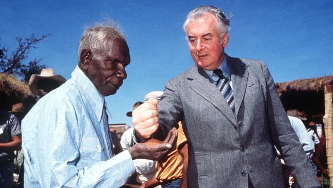 1975: PM Gough Whitlam with traditional land owner Vincent Lingiari. Photograph taken by Mervyn Bishop.