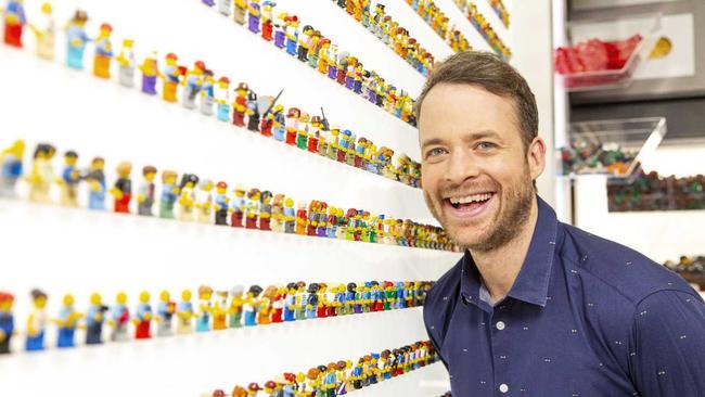 Hamish Blake with Lego mini-figures on the set of the TV series Lego Masters. Supplied by Channel 9.