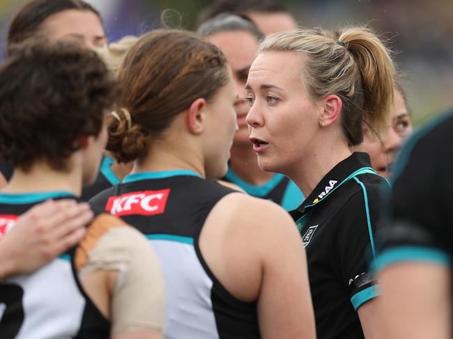 Lauren Arnell coaches her inaugural AFLW game. Picture: Getty Images