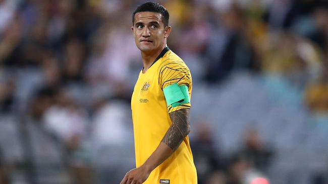 Tim Cahill in his 108th and final appearance for the Socceroos in their match against Lebanon in Sydney on Tuesday night. Picture: Getty Images