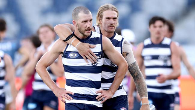 Former Geelong player Sam Menegola, left, has been linked to North Central league club Sea Lake-Nandaly for weeks. Picture: Kelly Defina