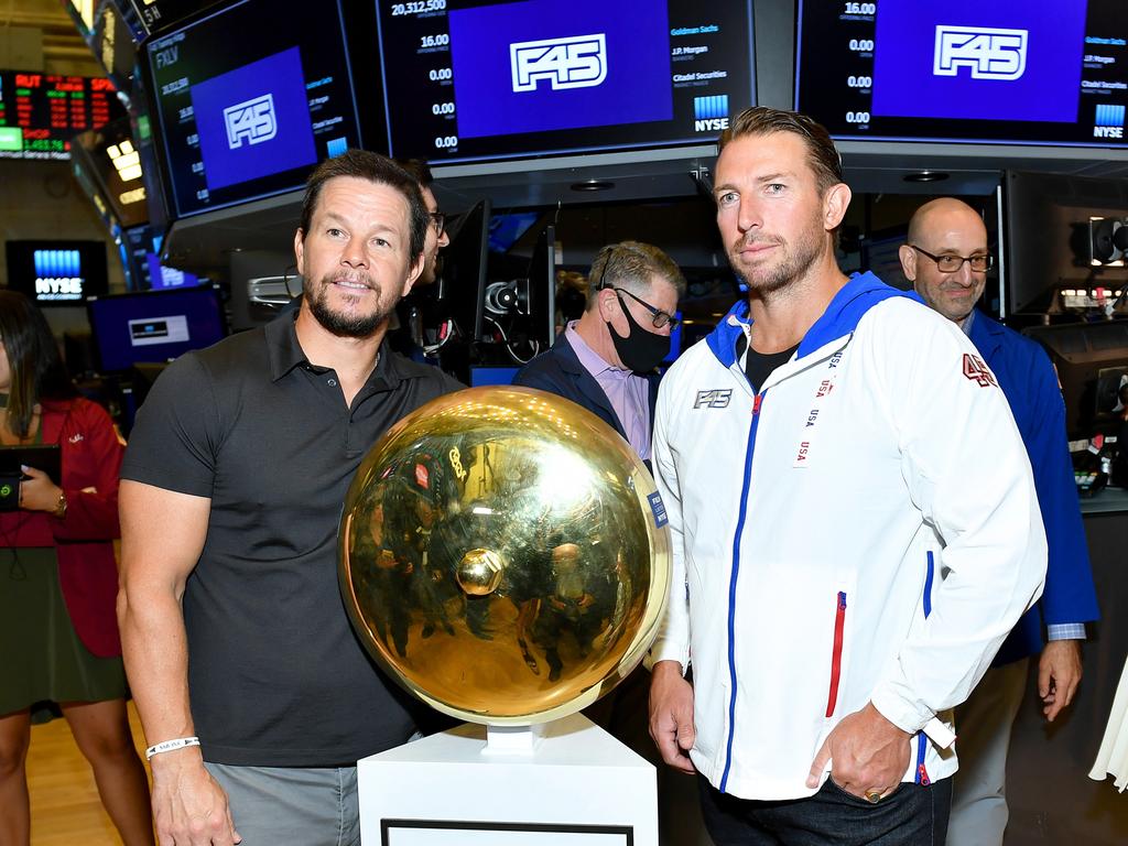 Mark Wahlberg, left, and F45 founder Adam Gilchrist. Picture: Noam Galai/Getty