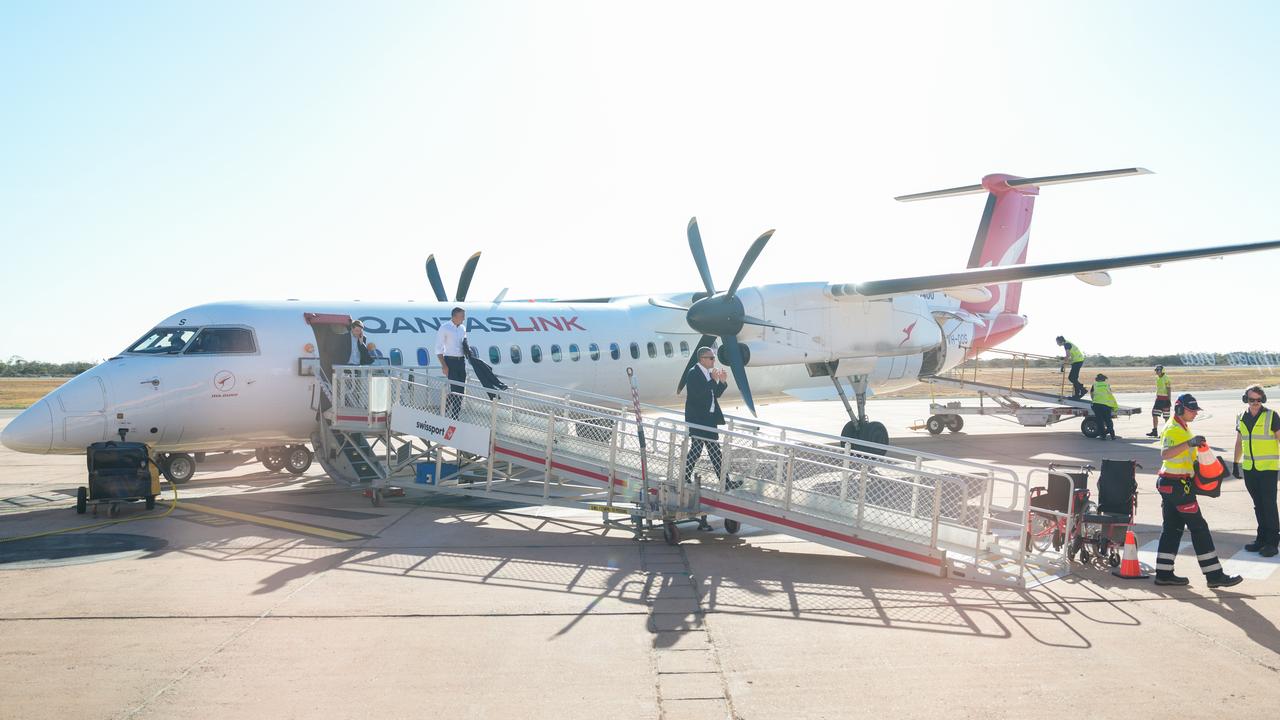 Premier Peter Malinauskas and Tom Koutsantonis landing in Whyalla. Picture: Tim Joy