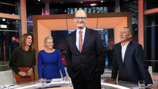                         <i>Sunrise</i> host David Koch flanked by Natalie Barr, Samantha Armytage and Mark Beretta — the show, like its rivals, has faced falling ratings in recent years.