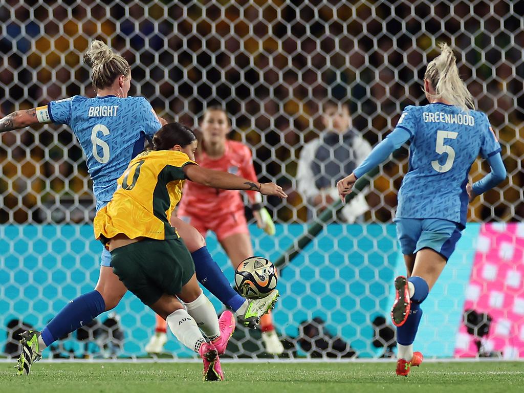 Sam Kerr scores a memorable goal in the FIFA Women's World Cup semi-final in Sydney. Picture: Getty Images