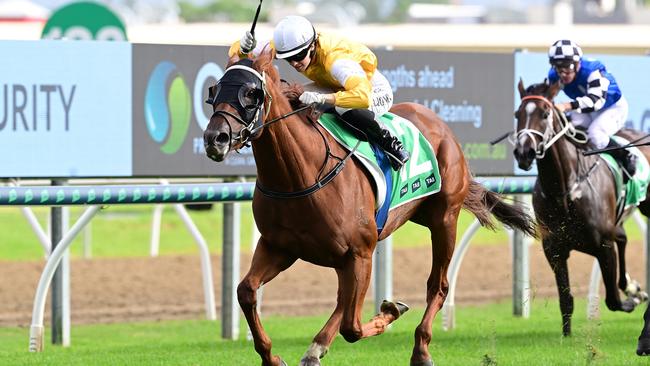 Arts Object causes a boilover in The Wave for trainer Kurt Goldman and jockey Angela Jones. Picture: Grant Peters – Trackside Photography.