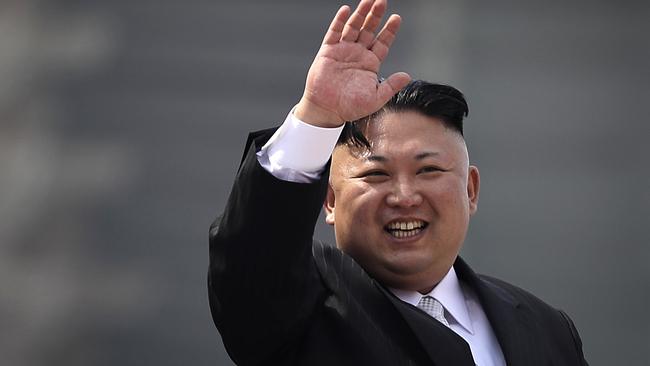 North Korean leader Kim Jong-un waves during a military parade in Pyongyang to celebrate the 105th birth anniversary of Kim Il-sung, the country’s late founder and his grandfather. Picture: Wong Maye-E/AP