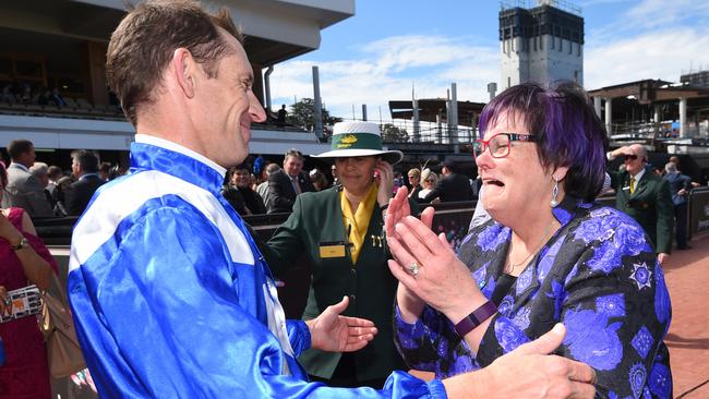 Jockey Hugh Bowman and an emotional Debbie Kepitis after Winx wins the Turnbull Stakes in 2017. Picture: Vince Caligiuri/Getty Images