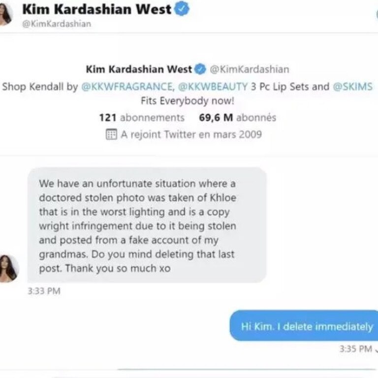 An unverified Twitter DM from Kim Kardashian.