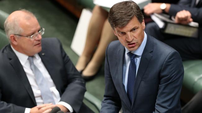 Prime Minister Scott Morrison, left as Minister for Energy and Emissions Reduction Angus Taylor fields a question at Question Time. Picture: Gary Ramage