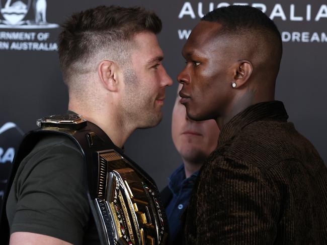 Dricus du Plessis and Israel Adesanya face-off. Picture: Getty Images