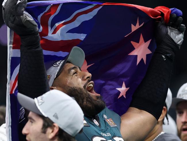 NEW ORLEANS, LOUISIANA - FEBRUARY 09: Jordan Mailata #68 of the Philadelphia Eagles celebrates after beating the Kansas City Chiefs 40-22 to win Super Bowl LIX at Caesars Superdome on February 09, 2025 in New Orleans, Louisiana. (Photo by Emilee Chinn/Getty Images)