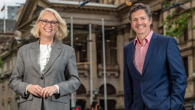 Melbourne Lord Mayor Sally Capp and her new Deputy Lord Mayor Nicholas Reece at Town Hall. Picture: Jason Edwards