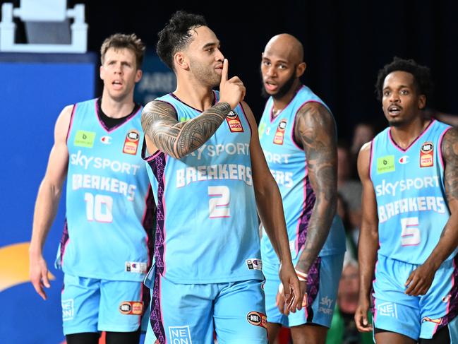 Breakers guard Izayah Le’Afa gives the Silverdome fans the shoosh. Picture: Getty Images