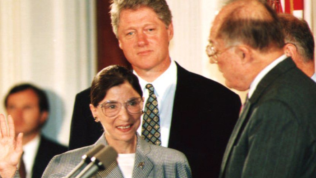 Ruth Bader Ginsburg being sworn in to the Supreme Court in 1993 as then US President Bill Clinton looks on. Picture: Kort Duce/AFP