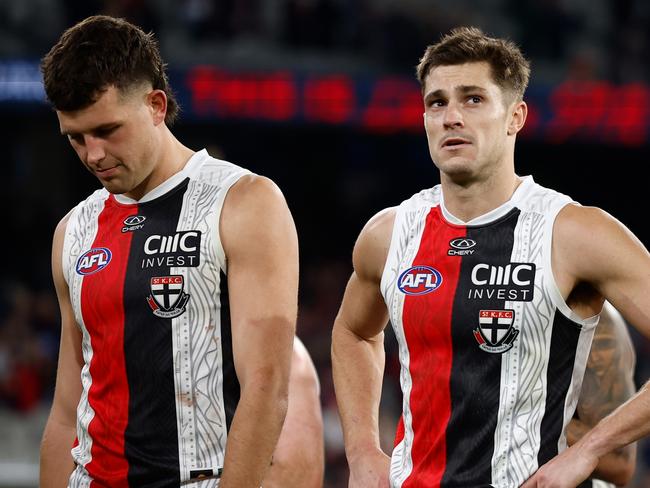 MELBOURNE, AUSTRALIA - MAY 26: Rowan Marshall (left) and Jack Steele of the Saints (centre) look dejected after a loss during the 2024 AFL Round 11 match between Narrm (Melbourne) and Euro-Yroke (St Kilda) at The Melbourne Cricket Ground on May 26, 2024 in Melbourne, Australia. (Photo by Michael Willson/AFL Photos via Getty Images)