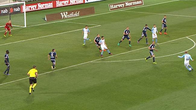 Luke Brattan fires at goal as Tim Cahill drifts into an off-side position.