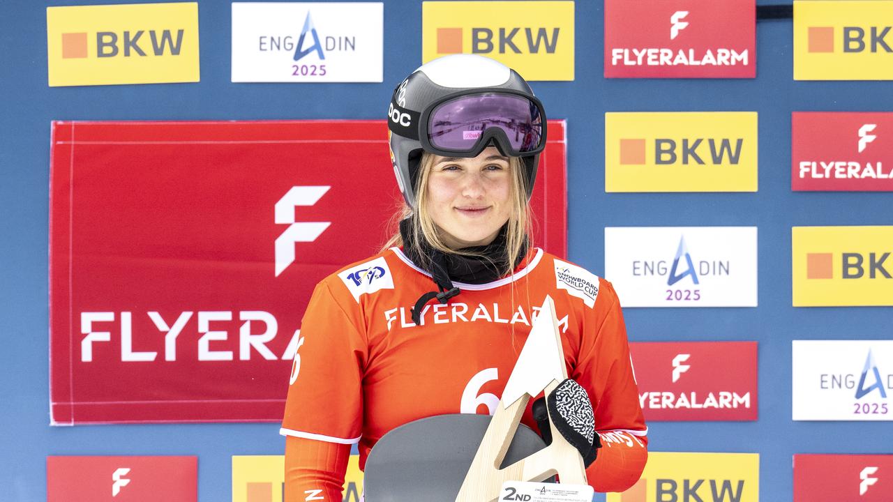 Sophie Hediger takes 2nd place during the FIS Snowboard Cross World Cup Men's and Women's Snowboard Cross in January 2024 in St Moritz, Switzerland. (Photo by Millo Moravski/Agence Zoom/Getty Images)